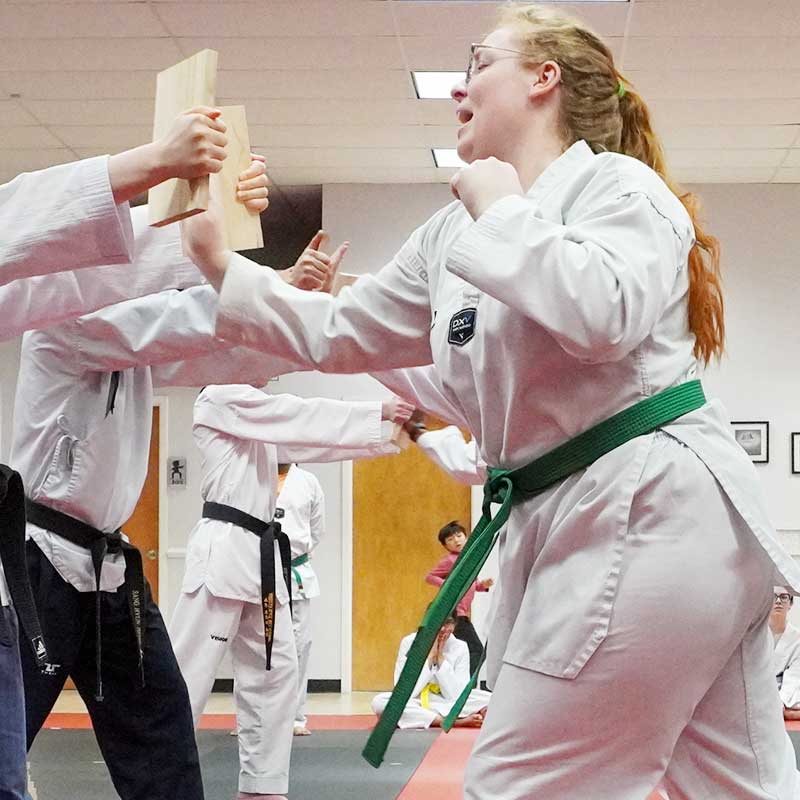 breaking a board in adults martial arts class peachtree city