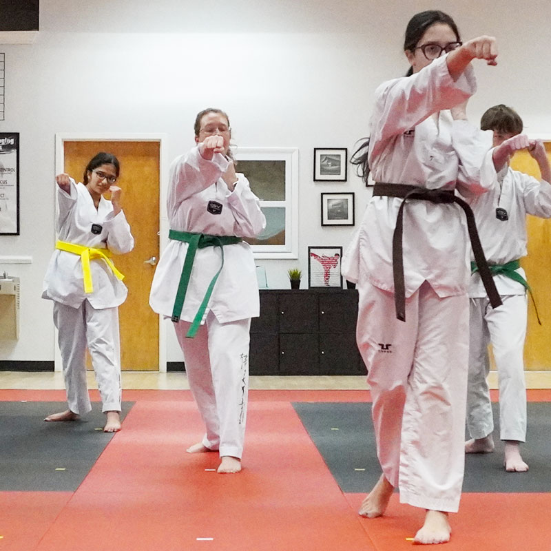 Hand striking in martial arts fitness class.