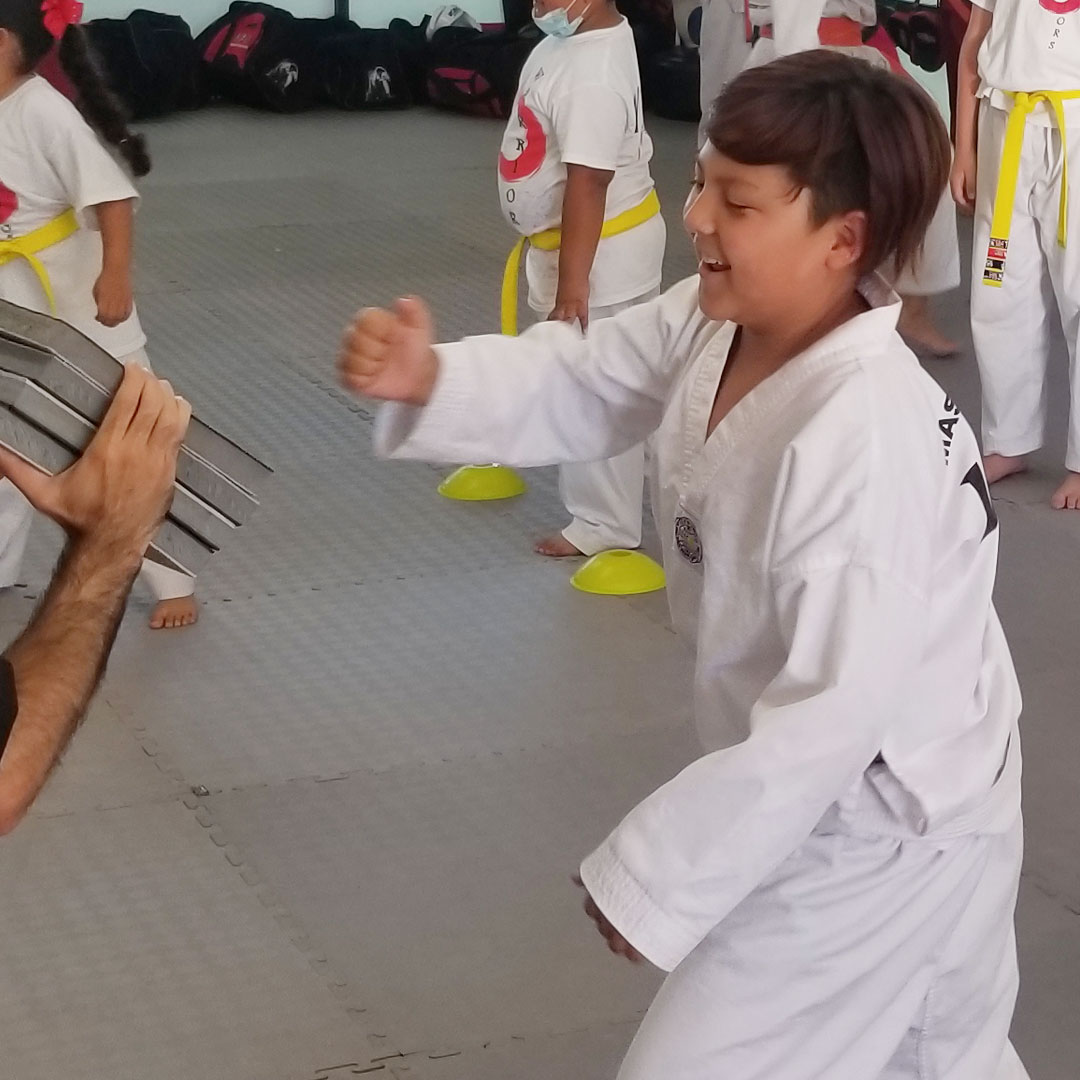 a kid is breaking a board in world martial arts class